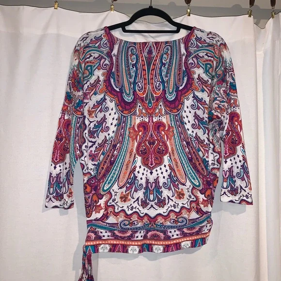 Chico’s 0 Boho, Paisley, Side Tie, Jersey Top - Picture 9 of 16
